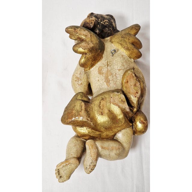 Winged Putto Playing the Wind Instrument Carved in Wood, Early 1900s For Sale - Image 11 of 17
