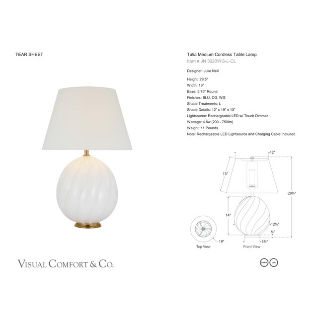 Julie Neill by Visual Comfort Signature Talia Medium Cordless Table Lamp in White Glass with Linen Shade Designer: Julie...