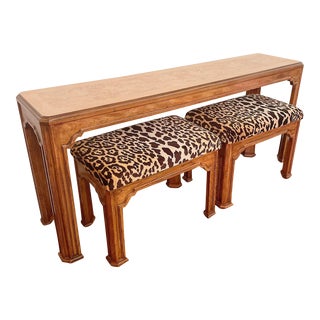 Mid 20th Century Drexel Heritage Console Table with Velvet Leopard Upholstered Stools - Set of 3 For Sale