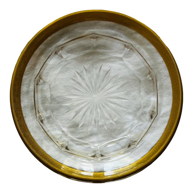Vintage/Antique Glass Dish With Embossed Gold Rim 6" For Sale