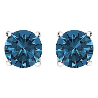 14K White Gold 1/2 Cttw Round Brilliant Cut Lab Grown Blue Diamond 4-Prong Classic Solitaire Stud Earrings, A Pair For Sale
