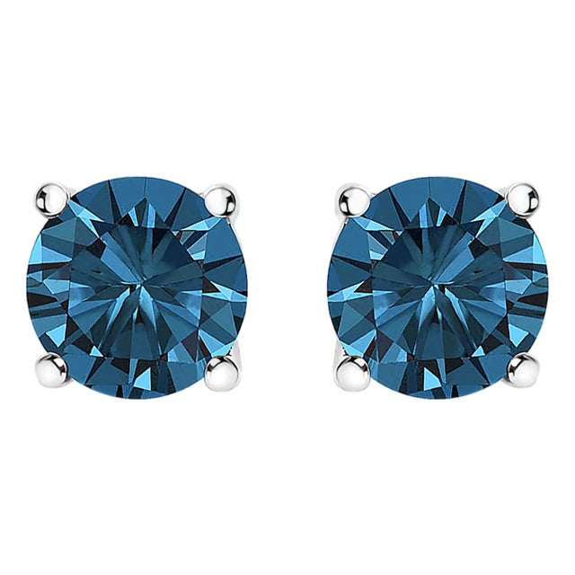 14K White Gold 1/2 Cttw Round Brilliant Cut Lab Grown Blue Diamond 4-Prong Classic Solitaire Stud Earrings, A Pair For Sale
