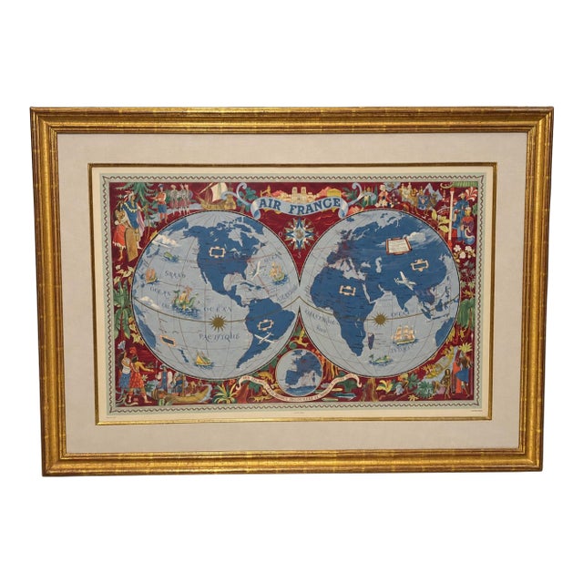 Lucien Boucher Air France Double-Hemisphere Planisphere Lithograph, France For Sale