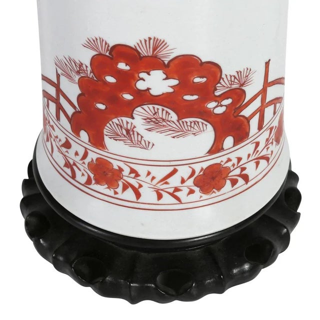 19th c. Chinese Porcelain Iron Red Gu Vase lamp with custom silk shade, sitting atop a carved lotus wood base. Newly...