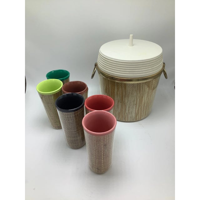Wood Vintage Cane Bar Set, Ice Bucket With Matching Cups- 7 Pieces For Sale - Image 7 of 9