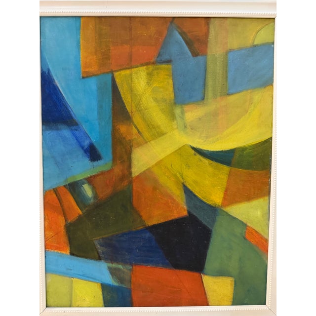 A bold vintage abstract painting featuring dynamic geometric forms and layered color in a vibrant palette of blues,...
