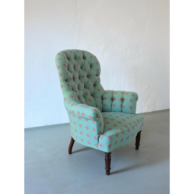 Vintage Green Coral Button Back Armchair, Belgium For Sale - Image 3 of 9