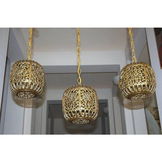 1950s Hollywood Regency Trio Pierced Brass Asian Ceiling Pendant Lights - Set of 3 For Sale - Image 10 of 12
