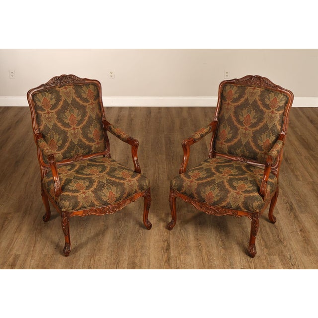 High Quality Vintage Pair of Custom Upholstered Carved Oak Frame Fauteuil Armchairs