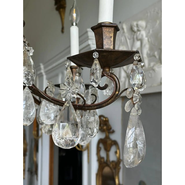Glass Pair of Maison Bagues Patinated Iron and Rock Crystal Chandeliers For Sale - Image 7 of 9