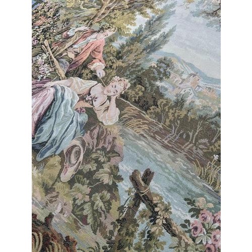 Vintage French Jacquard Pastoral Loves Tapestry in the style of Aubusson, 1950s For Sale - Image 10 of 18
