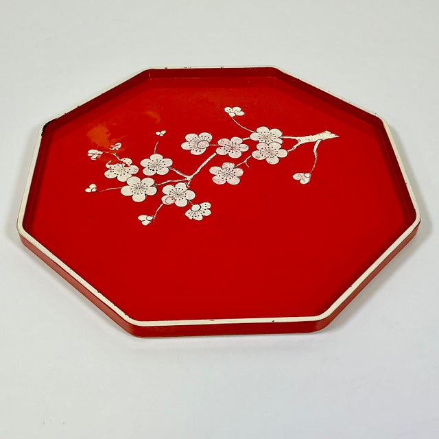 Mid-Century Boho Chic Octagonal Shaped Plastic Serving Tray With Cherry Blossom Design For Sale - Image 11 of 14