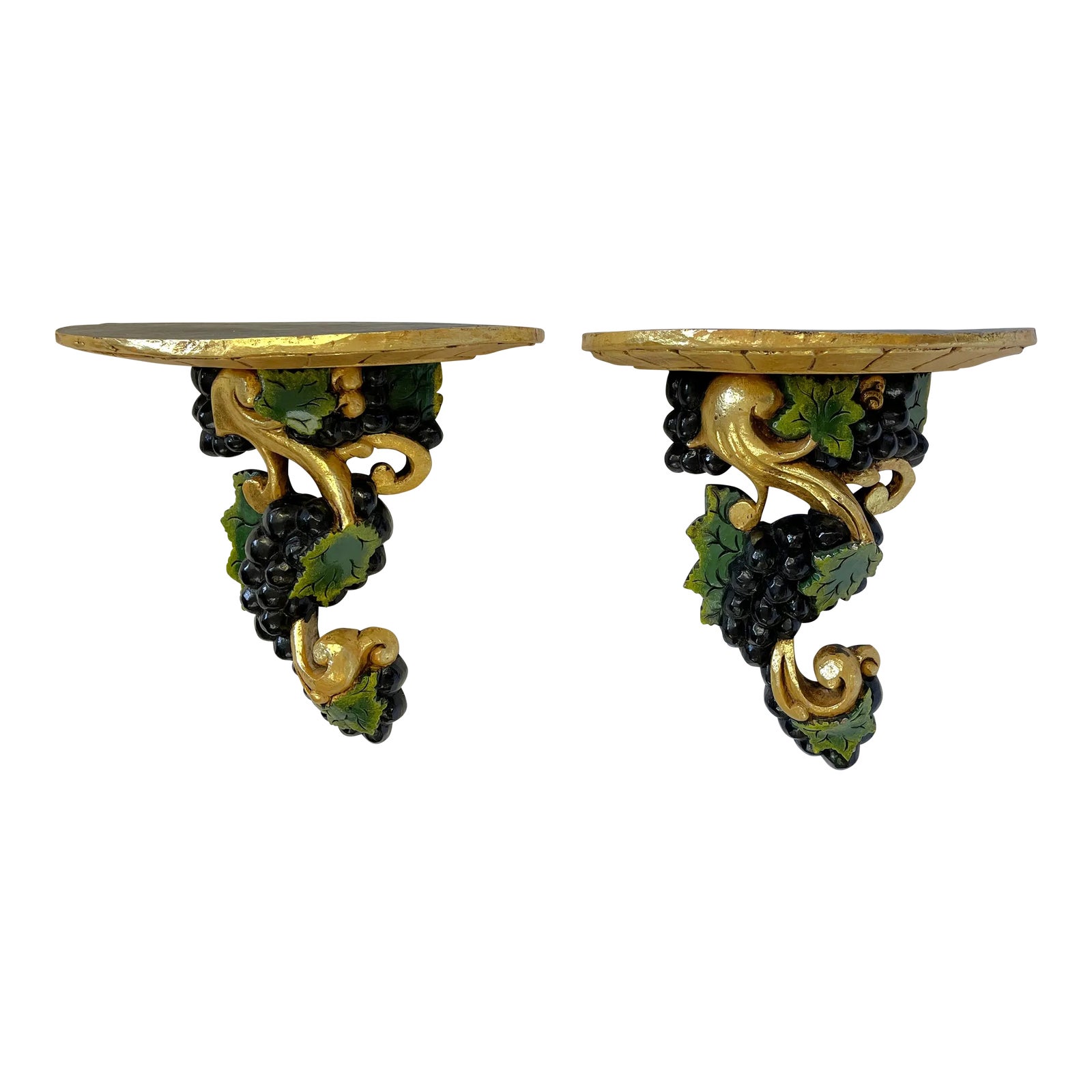 Large Vintage Carved Wood Wall Brackets With Grapevine Details a Pair