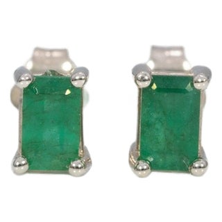 Zambian Emerald Solitaire Stud Earrings, Solid 14k Gold - Emerald Cut 5×3mm, Pair For Sale