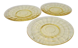 Art Deco Anchor Hocking Block Optic Yellow Glass Bread Plates Set of 3