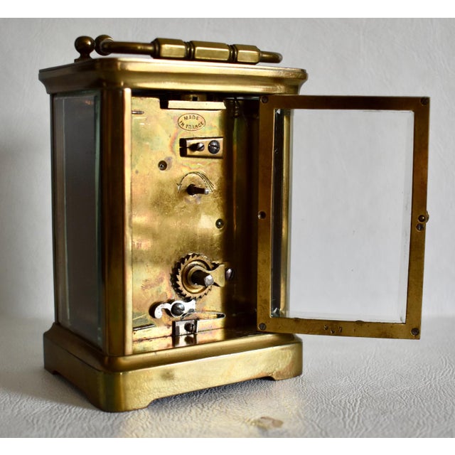 Brass Corniche Carriage Clock Antique French Beveled Glass Mechanical For Sale - Image 10 of 15