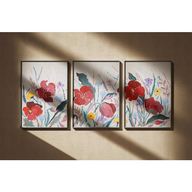 2026, Illustration Style Painting Triptych of Poopies and Wildflowers, Acrylic Paint on Watercolor Paper by Romina Milano For Sale - Image 10 of 11