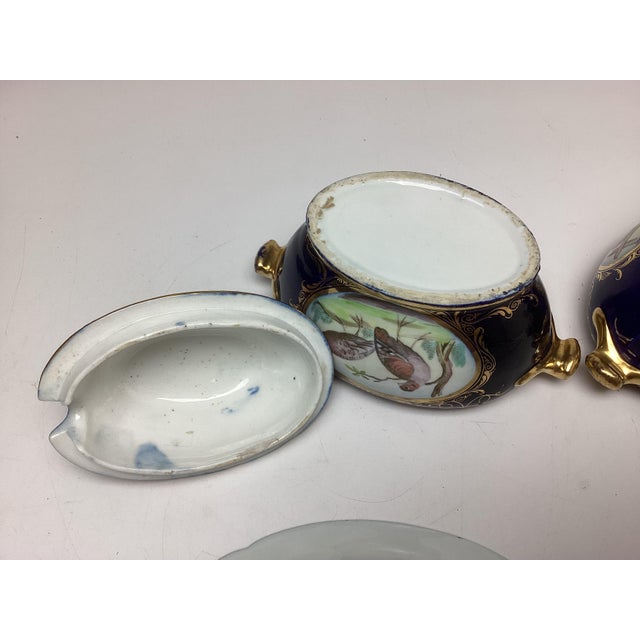 Pair Antique Coalport Porcelain Cobalt With Birds Covered Sauce Tureens With Under Plates For Sale - Image 10 of 12