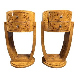 Art Deco Style Olive Burl Bedside Lockers, Set of 2 For Sale