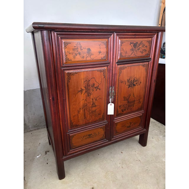 Vintage Two-Tone Chinese Hardwood.Accent Cabinet with Hand-Painted Bird & Floral Panels An exceptional vintage Chinese...