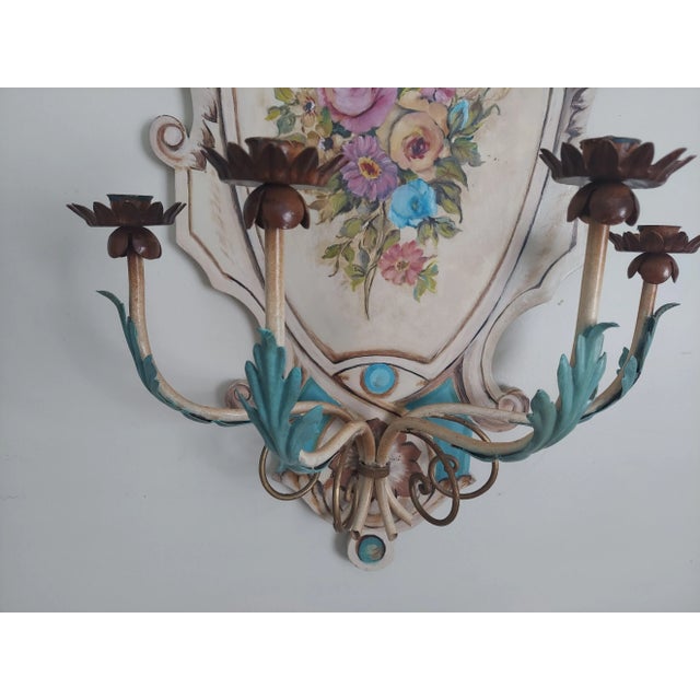 Turquoise Vintage Hand Painted Italian Style Wooden Wall Sconce With Metal 4 Branch Candleholder For Sale - Image 8 of 15