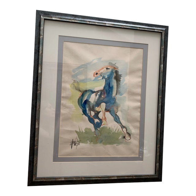 Vintage Framed Original Signed Watercolor Horse Painting For Sale