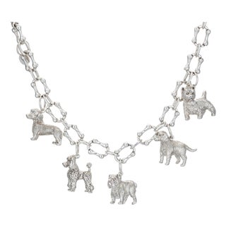 80s Vintage Tiffany & Co Dog Charm Bracelet Bone Links Sterling Silver 7.5" For Sale