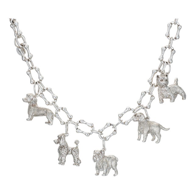 80s Vintage Tiffany & Co Dog Charm Bracelet Bone Links Sterling Silver 7.5" For Sale