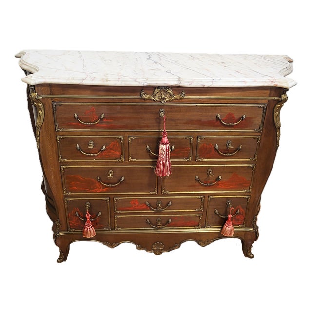 Vintage French Style Japanese Tansu Painted Bronze & Marble Top Commode Dresser For Sale