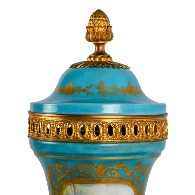 Monumental French Sèvres Style Turquoise Porcelain Urn With Ormolu Mounts For Sale In Greensboro - Image 6 of 12