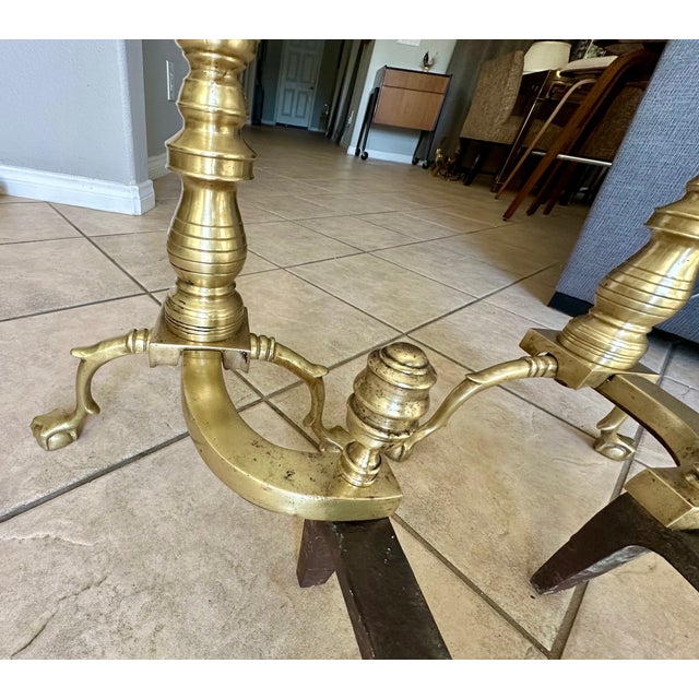 Pair Large Federal Beehive Ball Claw Brass Andirons For Sale - Image 15 of 18