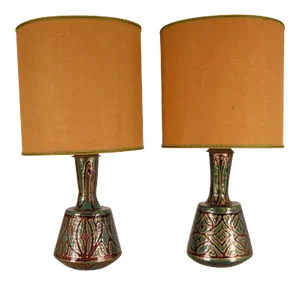 French Art Deco Geometric Table Lamps in Enamel on Copper by Camille Faure, 18th Century, Set of 2