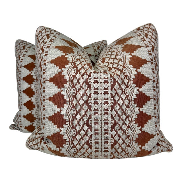 Schumacher "Wentworth Embroidery" in Rust 22" Pillows-a Pair For Sale