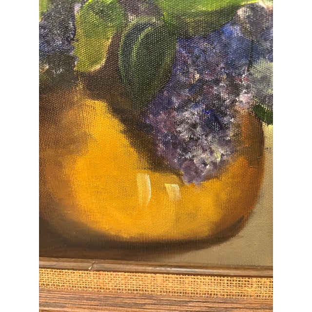 Textile Vintage Mid-Century Signed and Framed Still Life Original Oil on Canvas Painting of Lilacs in a Jug, 1950s–1960s For Sale - Image 7 of 12