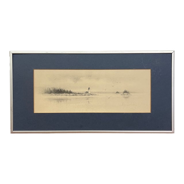 Vintage Pencil-Signed Coastal Lighthouse Lithograph by Virginia Miller for Jonah's Workshop, Searsport Maine For Sale