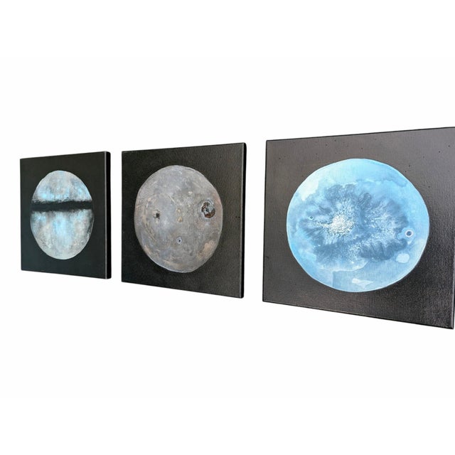 Contemporary Original Planet Moon Triptych Paintings- Set of 3 For Sale - Image 10 of 12