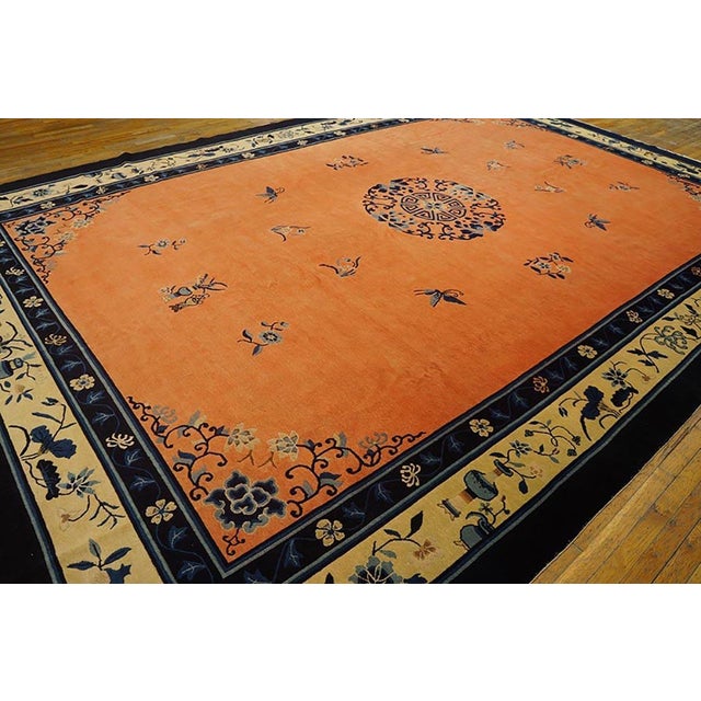 Chinese 1880s Orange Salmon Medallion Antique Chinese Peking Carpet 11' X 15'6'' Handknotted Wool Rug For Sale - Image 3 of 7