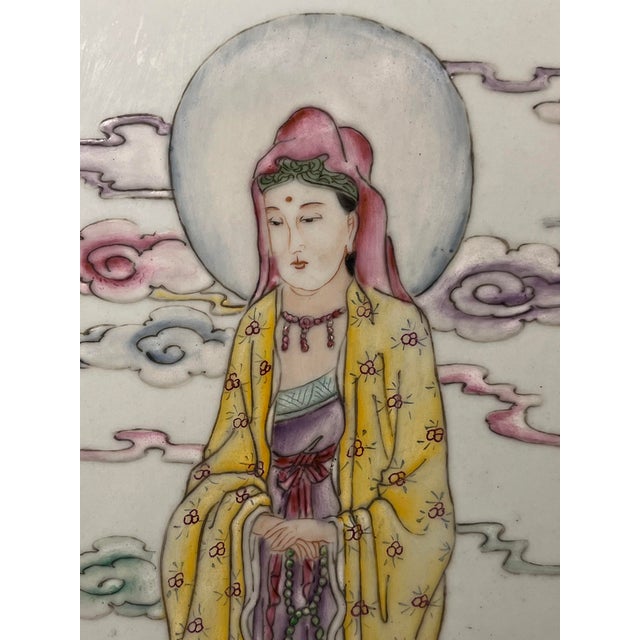 White Antique Chinese Hand Painted Guanyin Porcelain Plaque Heart Sutra Text Framed For Sale - Image 8 of 15