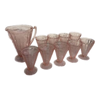 1930s Vintage Depression Pink Pitcher and Glasses -Set of 9 For Sale
