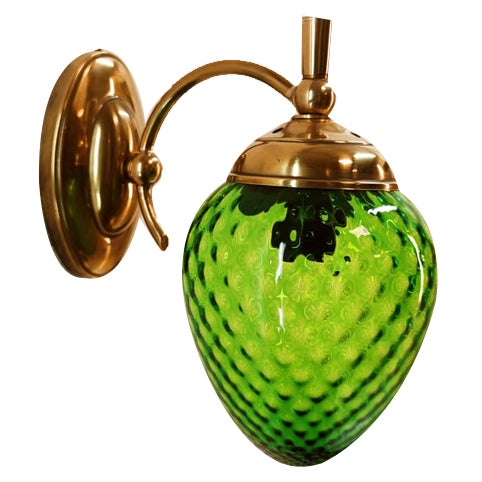 Green Glass & Brass Wall Light For Sale