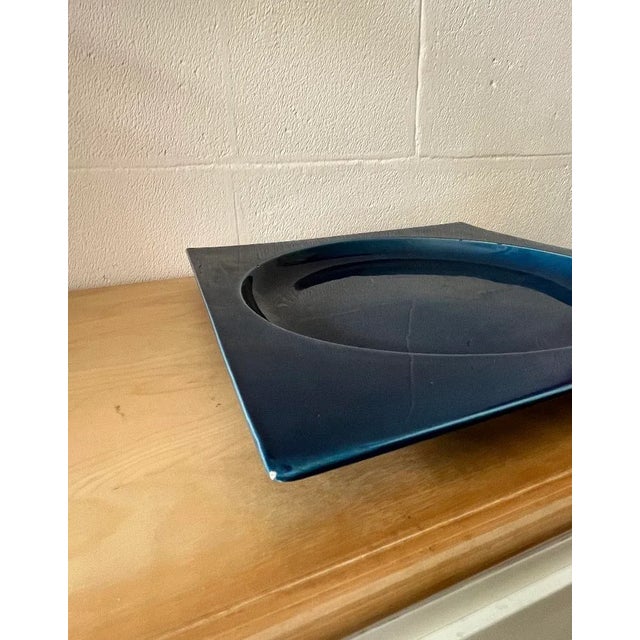 1970s Square Blue Glazed Ceramic Plate, Italy, 1970s For Sale - Image 5 of 7