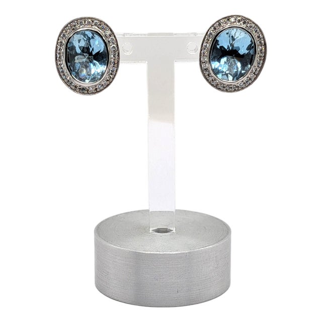 Late 20th Century Aquamarine Stud Earrings With a Diamond Halo in 14k White Gold, A Pair For Sale