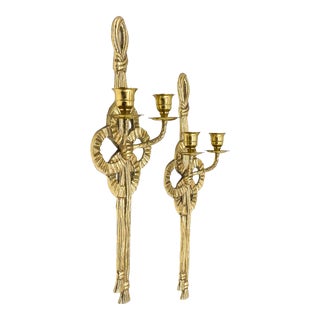 Late 20th Century Vintage Brass Rope Tassle Wall Hanging Candle Sconces - a Pair For Sale