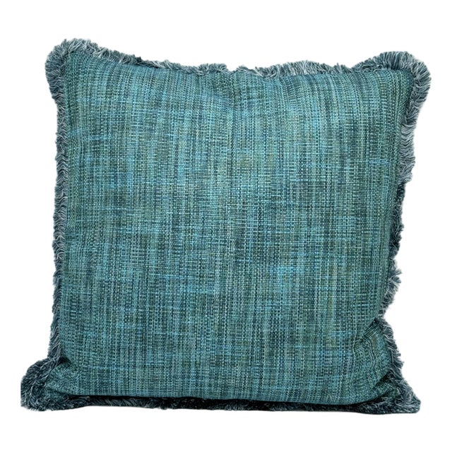 Teal Tweed Throw Pillow Cover With Fringe For Sale
