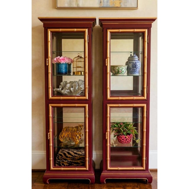 1970s Vintage Dark Red Gold Faux Bamboo Ming Leg Jasper Style Palm Beach Regency Lighted Glass Shelving Etagere Cabinets- A Pair For Sale - Image 5 of 8