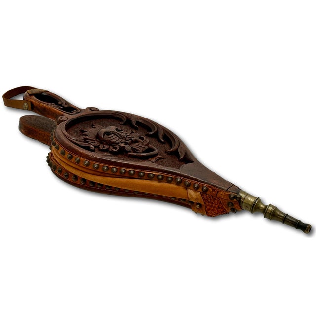 Fine Antique Hand Carved Walnut Black Forest Fireplace Bellows Northwind For Sale - Image 15 of 18