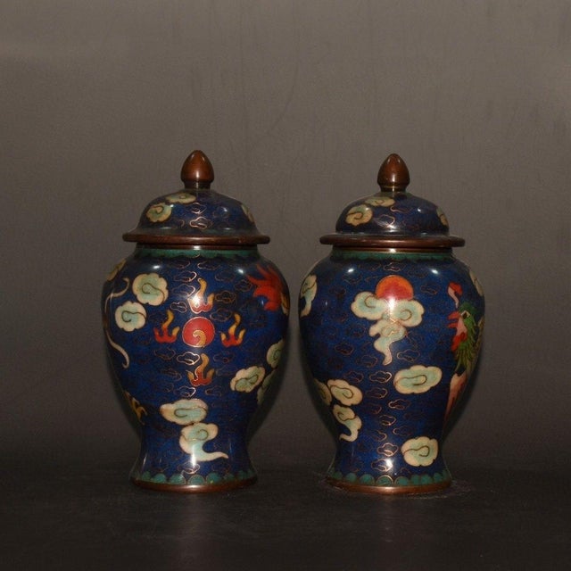 Chinese Pair of Vintage Chinese Cloisonné Dragon & Phoenix Ginger Jars With Copper Finials For Sale - Image 3 of 9