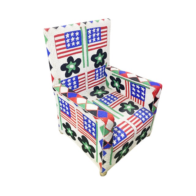 1970s Vintage African Nobility Nigerian Yoruba Beaded ArmChair W/ Stylized American Flags. For Sale - Image 5 of 11