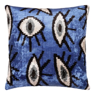 Blue Ikat Velvet Throw Pillow 16x16 | Handmade Luxury Accent For Sale