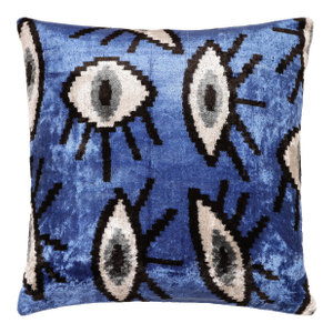 Blue Ikat Velvet Throw Pillow 16x16 | Handmade Luxury Accent